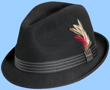 Stingy brim black fedora with contrasting grosgrain band. This hat is also called a trilby hat.
